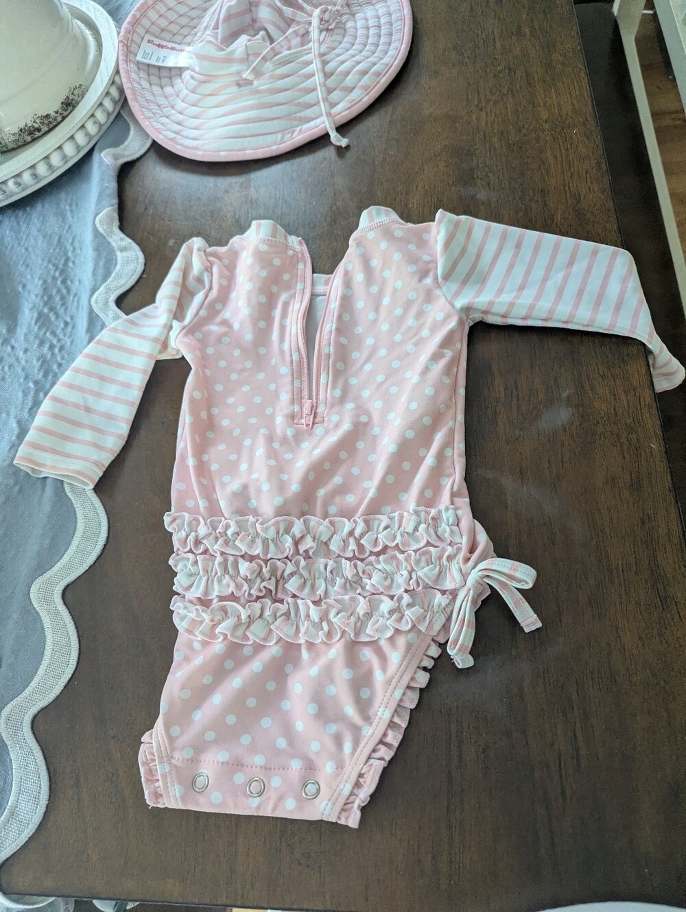 Rufflebutts Pink Polka Dot Ruffle One-Piece Swimsuit And Swim hat For Kids